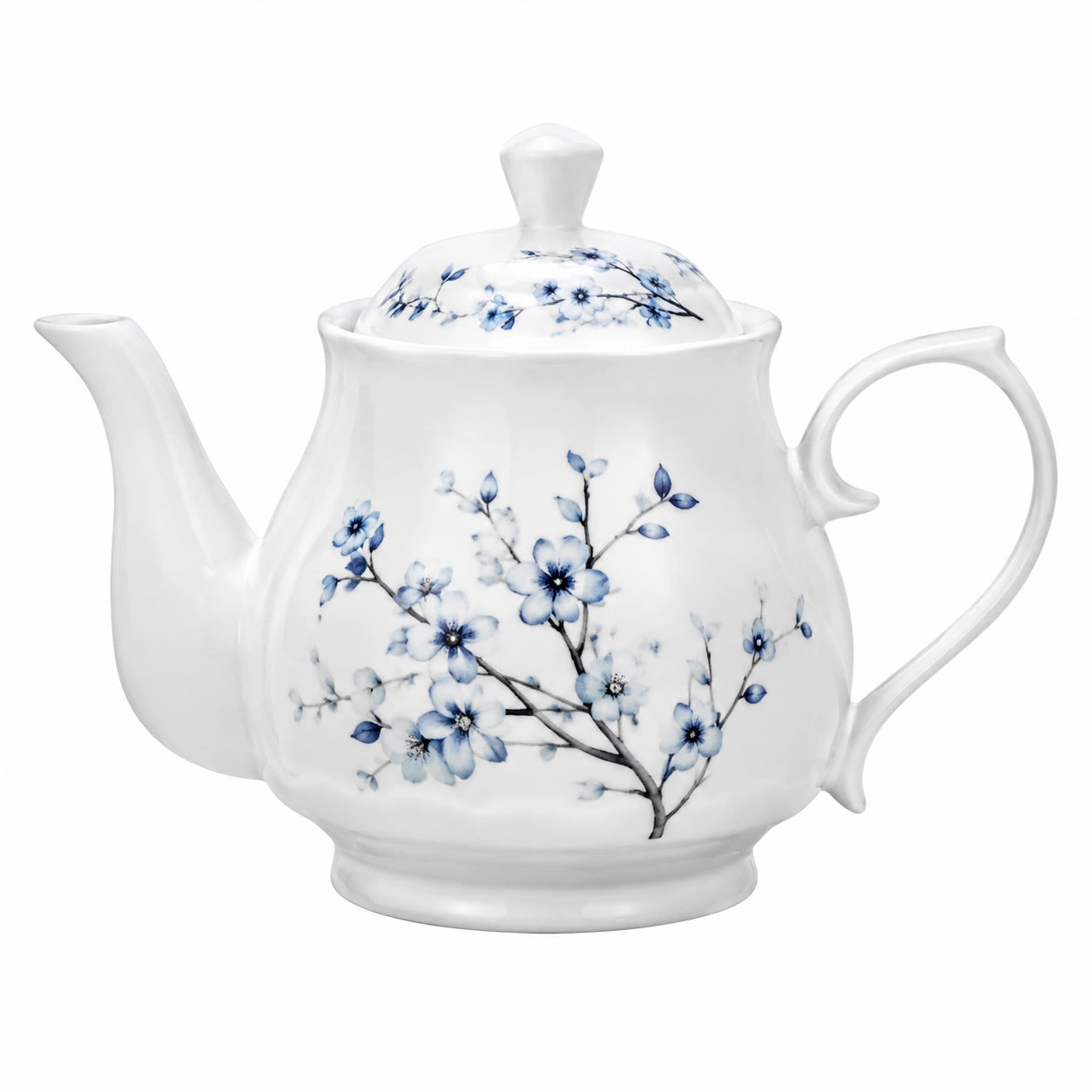 Teiera in porcellana bianca e blu 1.00 L con decoro floreale