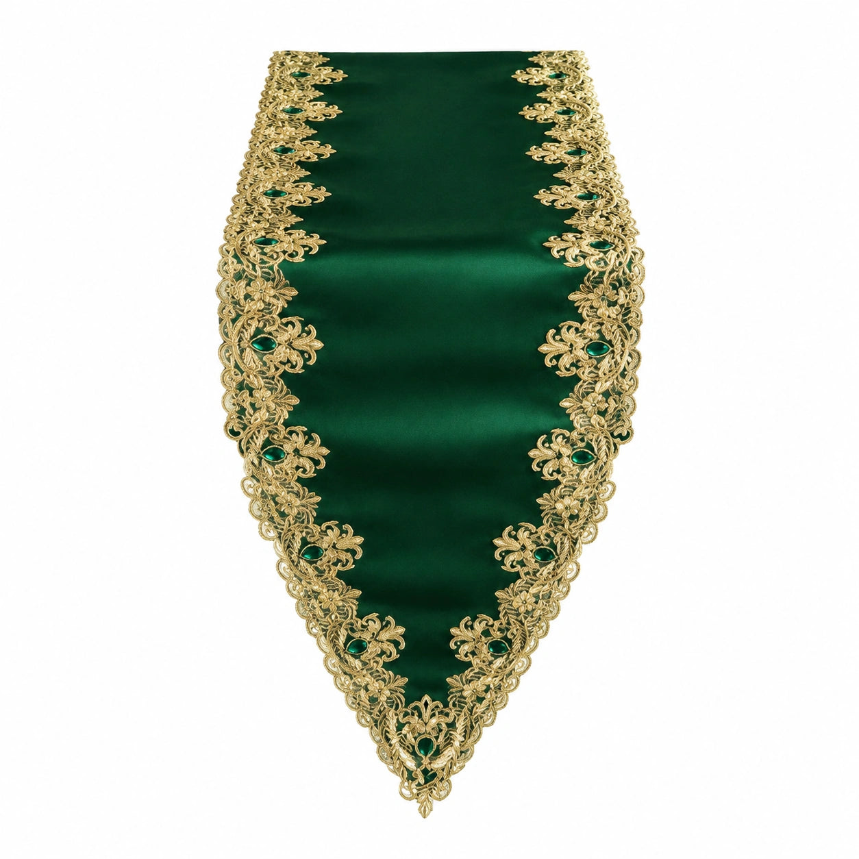 Runner da tavola 180 x 33 cm in tessuto verde con bordo ricamato dorato decorativo