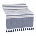 Runner da tavola 180 x 40 cm in tessuto blu e bianco a righe con nappine
