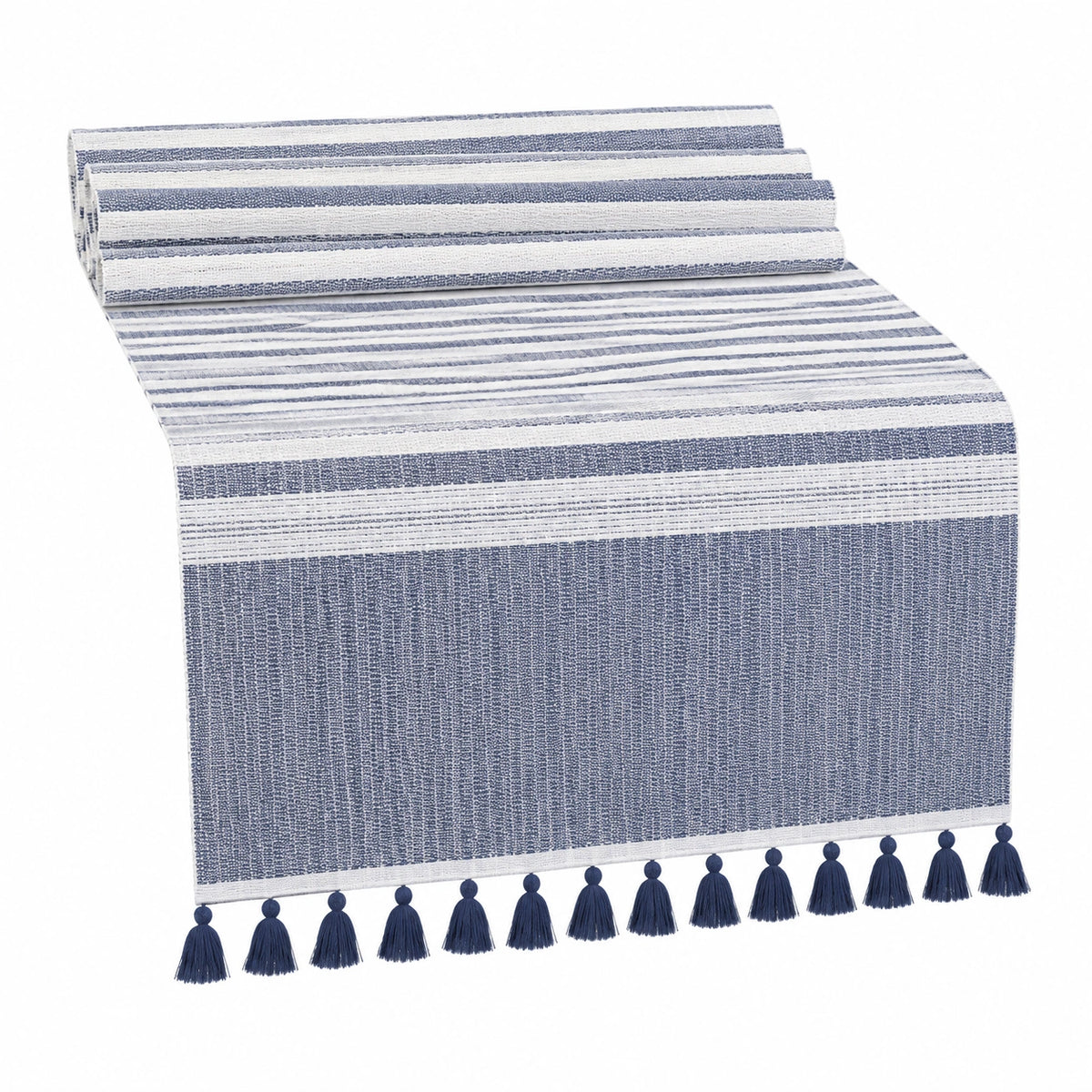 Runner da tavola 180 x 40 cm in tessuto blu e bianco a righe con nappine