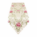 Runner da tavola 40 x 180 cm in tessuto ricamato crema con fiori rosa e verdi - stile floreale decorativo