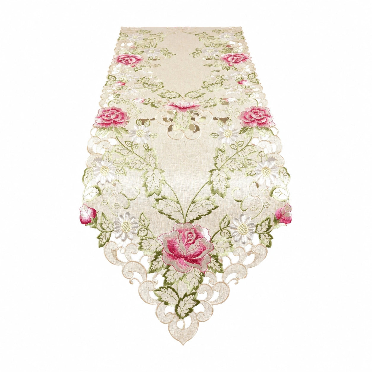Runner da tavola 40 x 180 cm in tessuto ricamato crema con fiori rosa e verdi - stile floreale decorativo