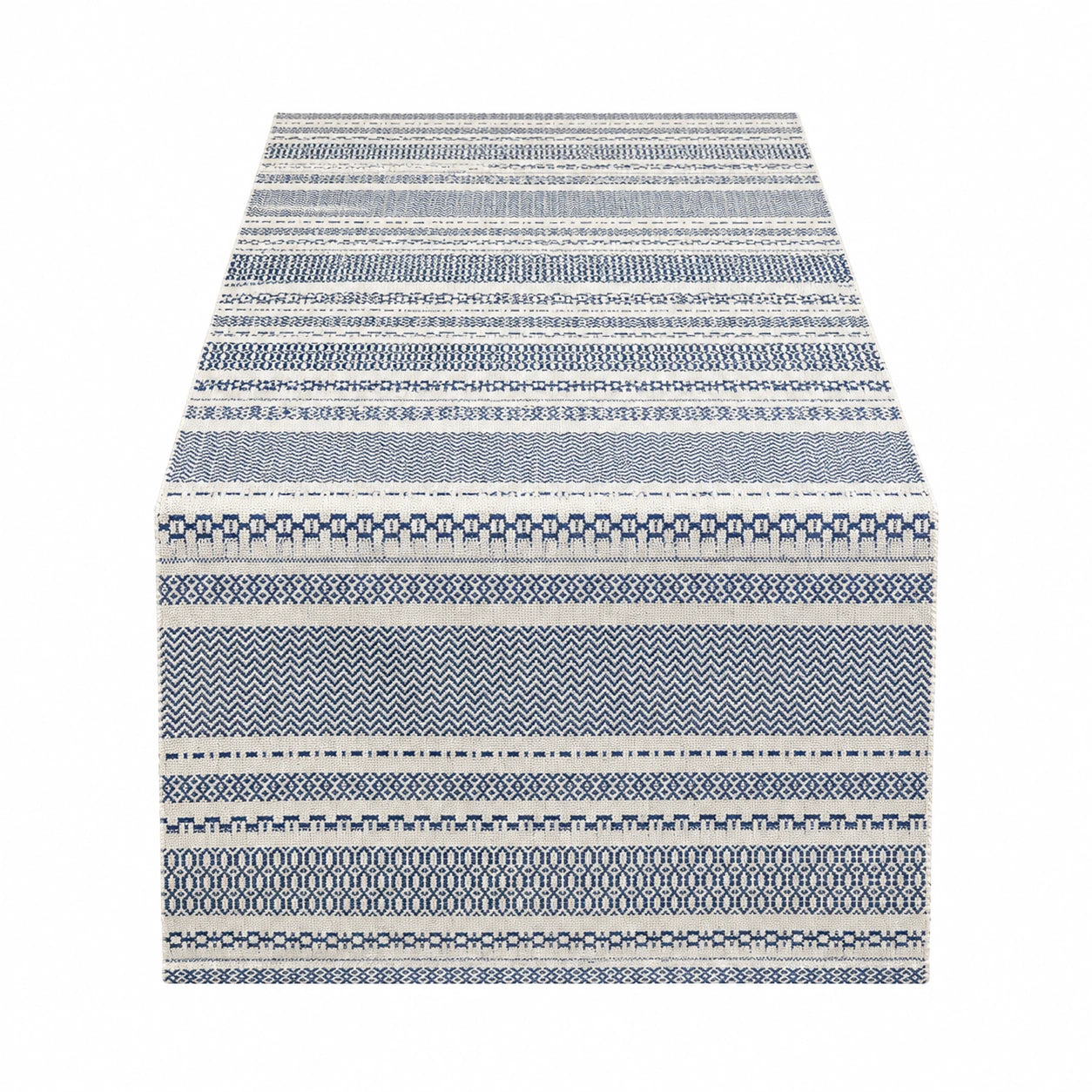 Runner da tavola 180 x 33 cm in tessuto bianco e blu con motivo geometrico