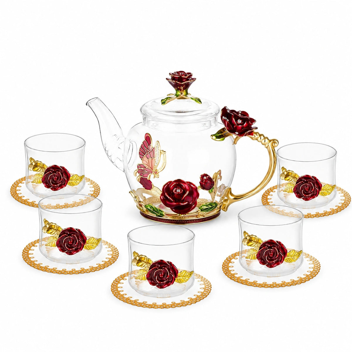 Servizio da tè in vetro 1000 ml con 5 tazze trasparenti decorazione rosa stile floreale