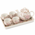 Servizio da tè 4 tazze in ceramica con vassoio floreale bianco e rosa