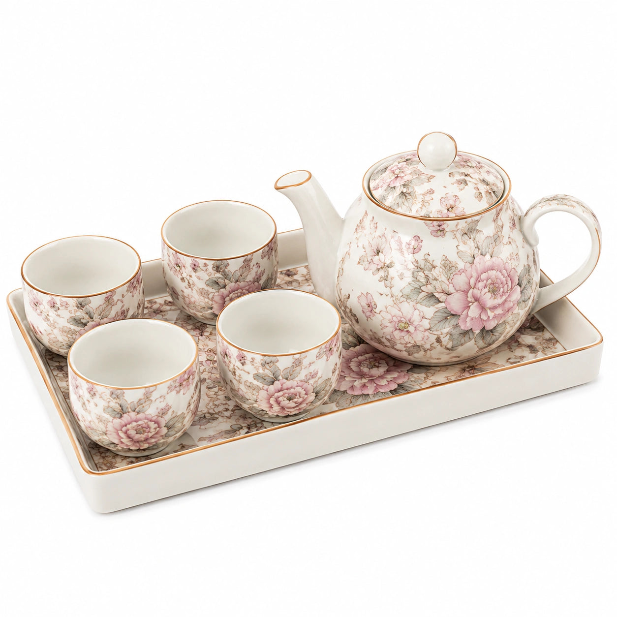 Servizio da tè 4 tazze in ceramica con vassoio floreale bianco e rosa