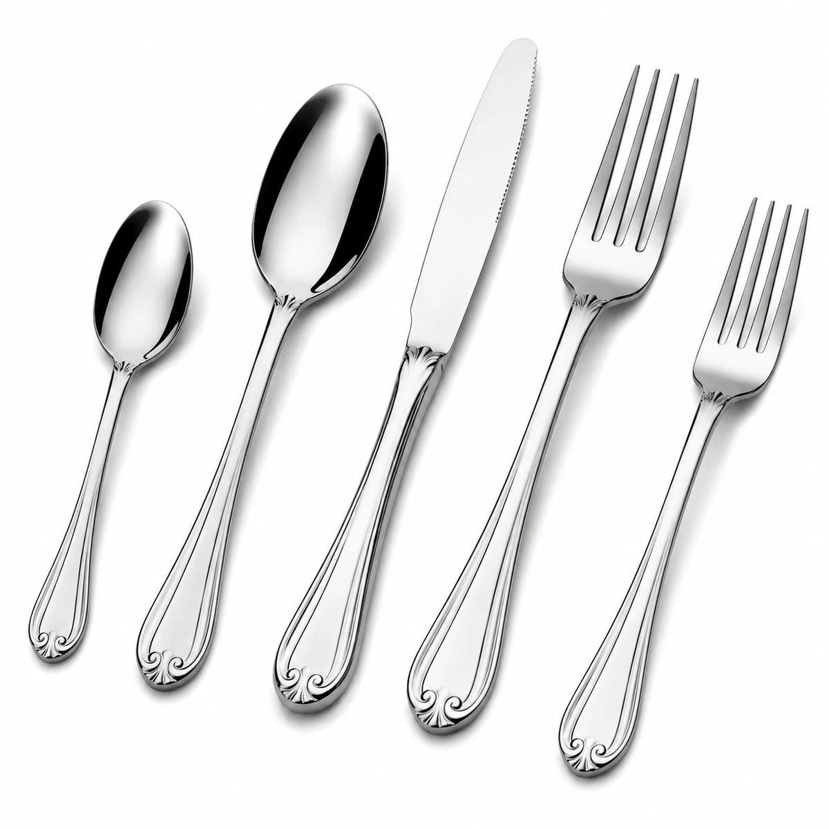 Set di posate 5 pezzi in acciaio inox argento lucido stile classico