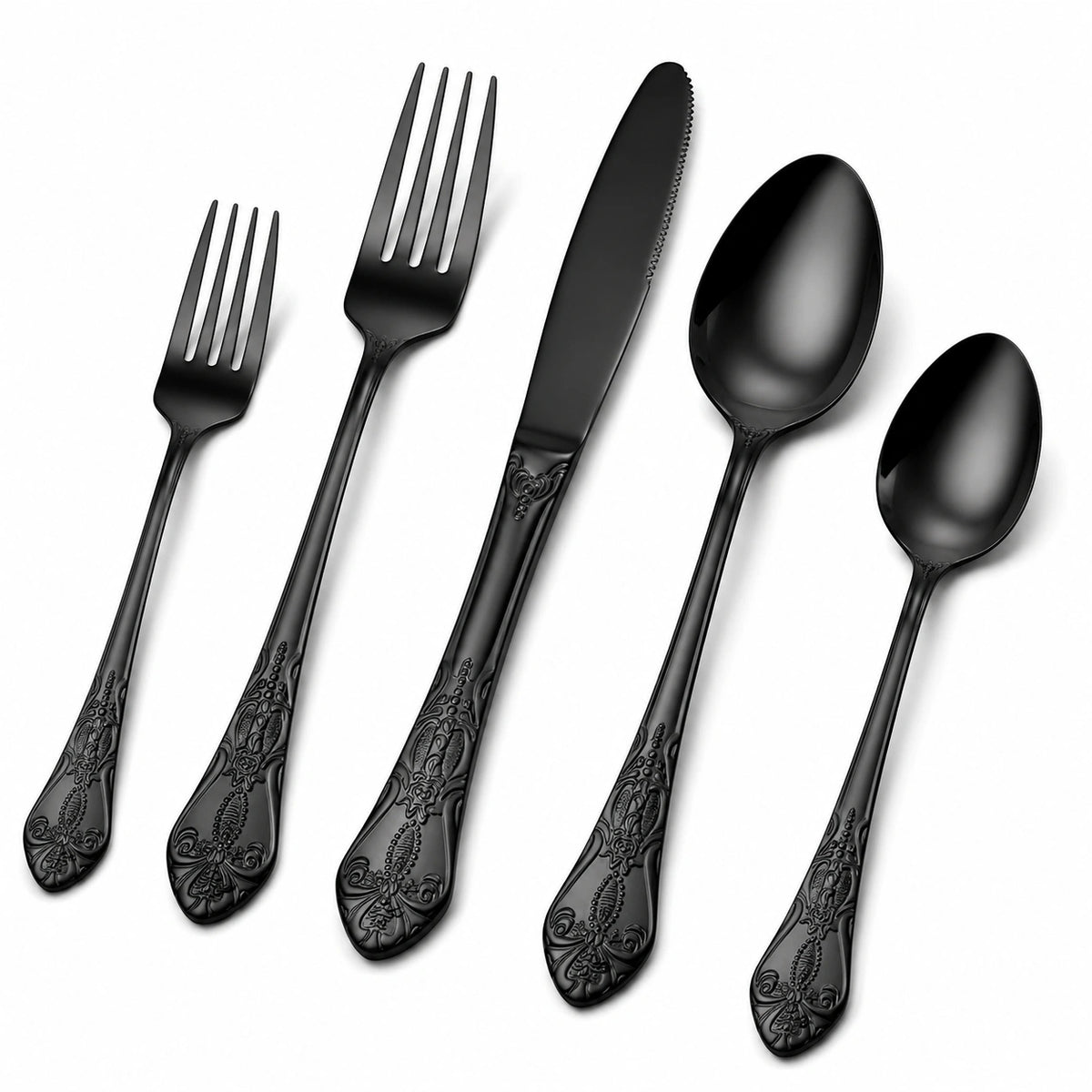 Set posate 5 pezzi in acciaio inox nero con decoro floreale stile classico