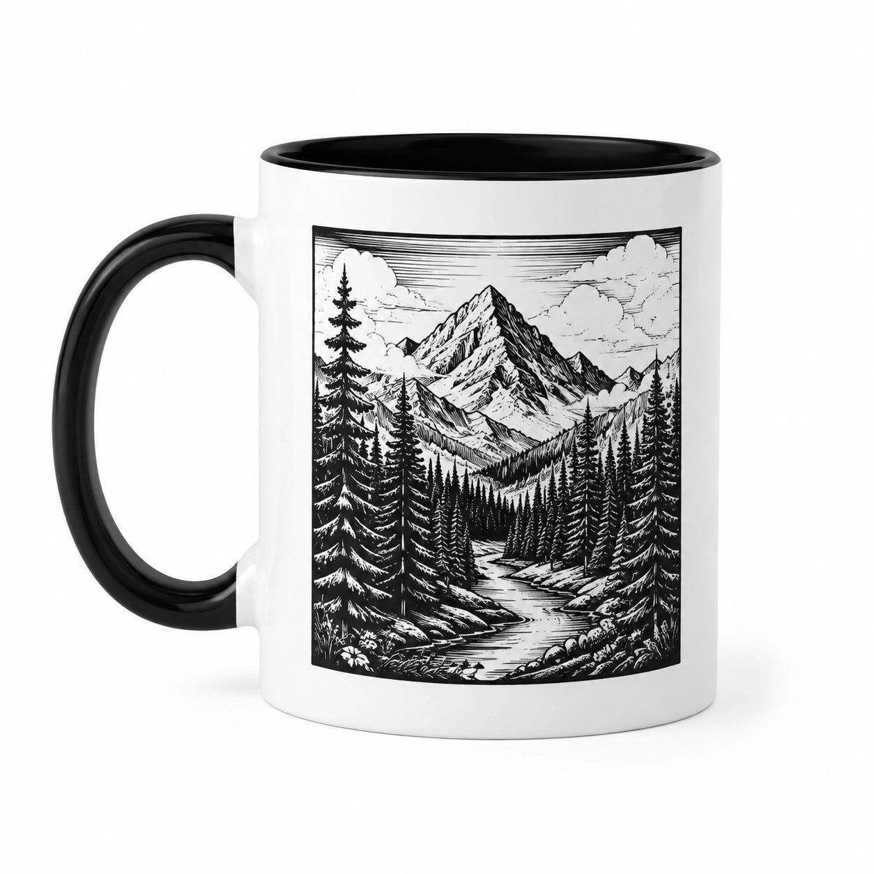 Tazza in ceramica 325 ml bianca e nera con paesaggio montano - manico ampio