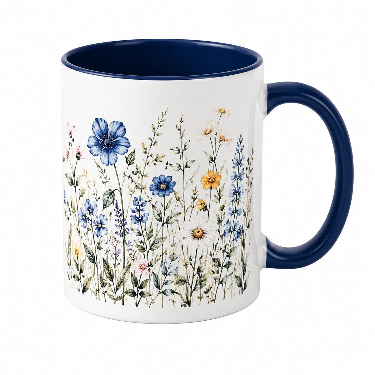 Tazza in ceramica 330 ml bianca e blu con fiori - manico ergonomico