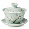 Tazza da tè gaiwan in porcellana verde 150 ml con coperchio e piattino floreale