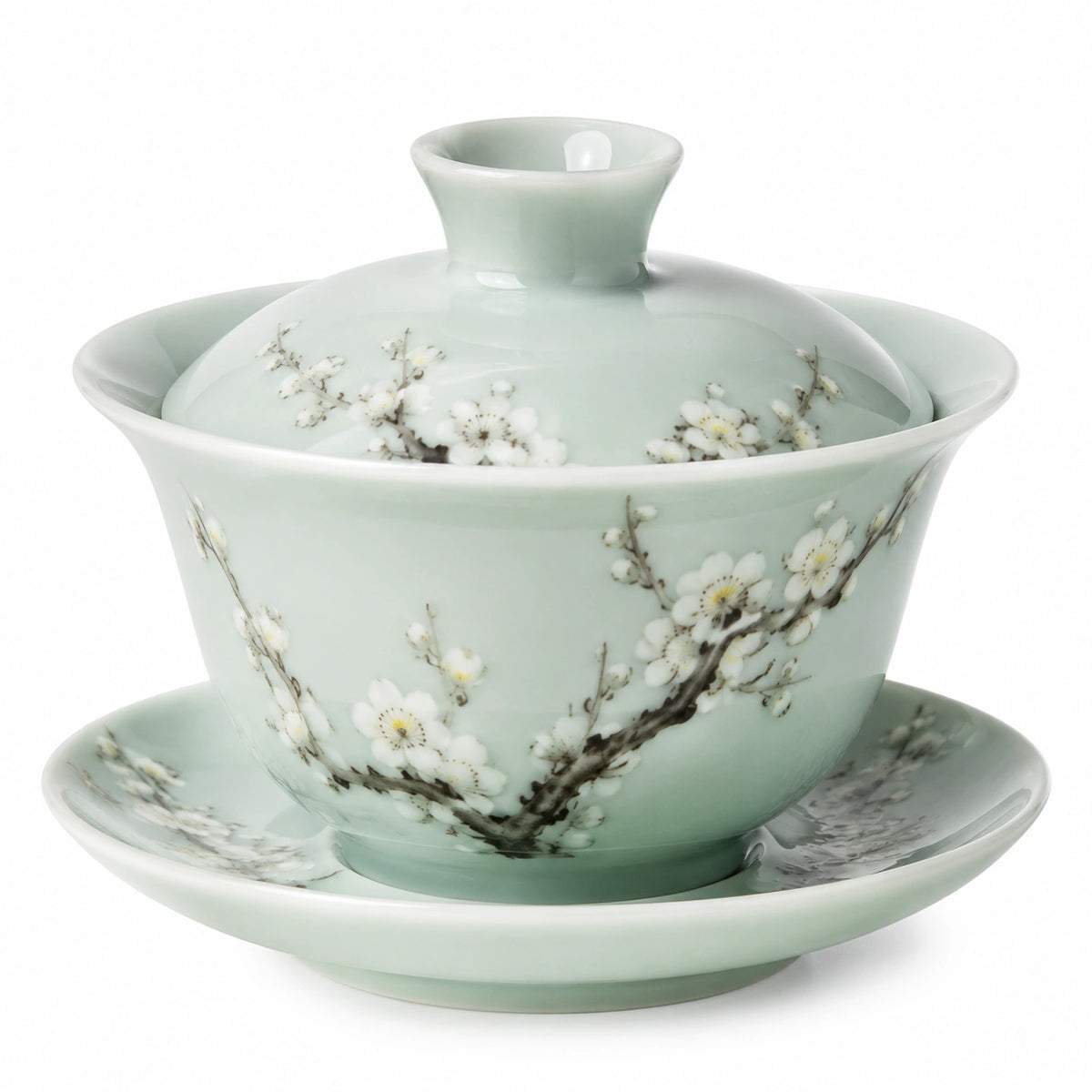 Tazza da tè gaiwan in porcellana verde 150 ml con coperchio e piattino floreale