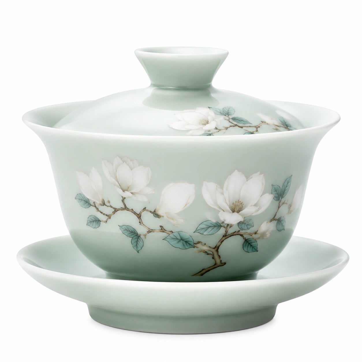 Gaiwan da tè in porcellana 150 ml verde chiaro con decoro floreale